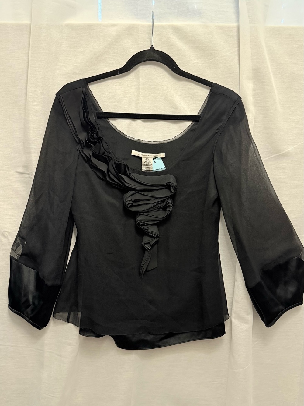 100% SILK Black Ruffled Scoop Neck Sheer Blouse